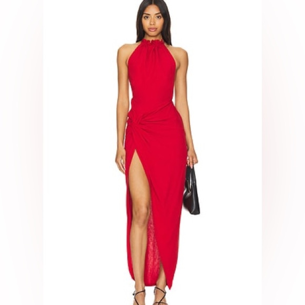 Red Linen high neck Halter Twist-front high slit Maxi Dress backless open back S